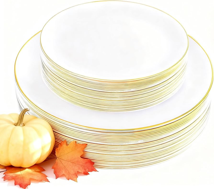 KIRE 60PCS Gold Plastic Plates - Thanksgiving Heavy Duty White Disposable Plates with Gold Rim fo... | Amazon (US)