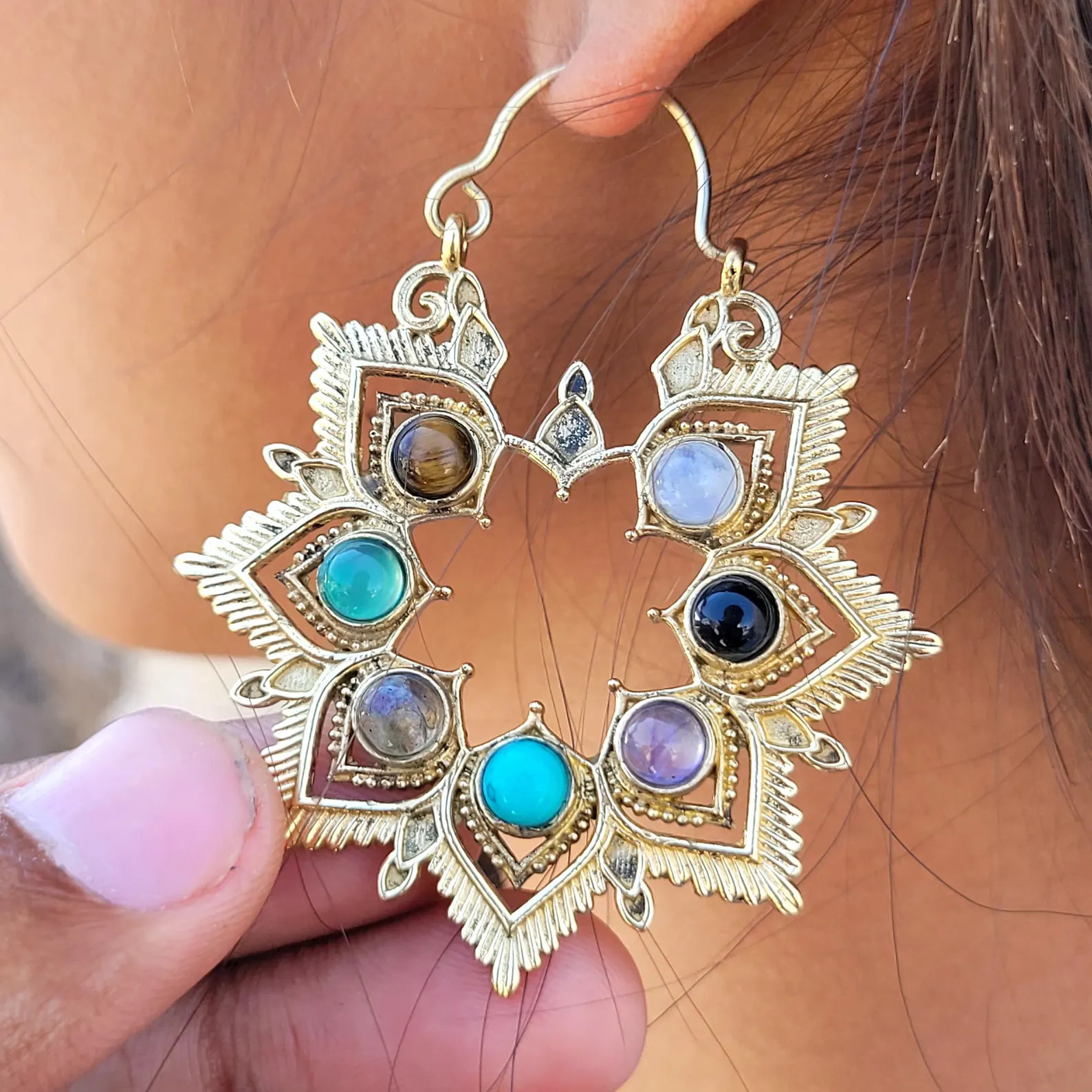 Multi Stone Brass Hoop Earrings: Boho Mandala Jewelry | Etsy (Global)