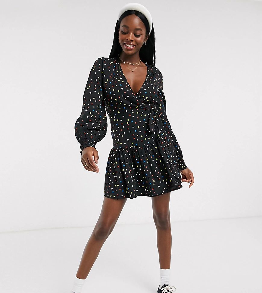 Wednesday's Girl mini wrap dress with pleated skirt in bright spot-Black | ASOS (Global)