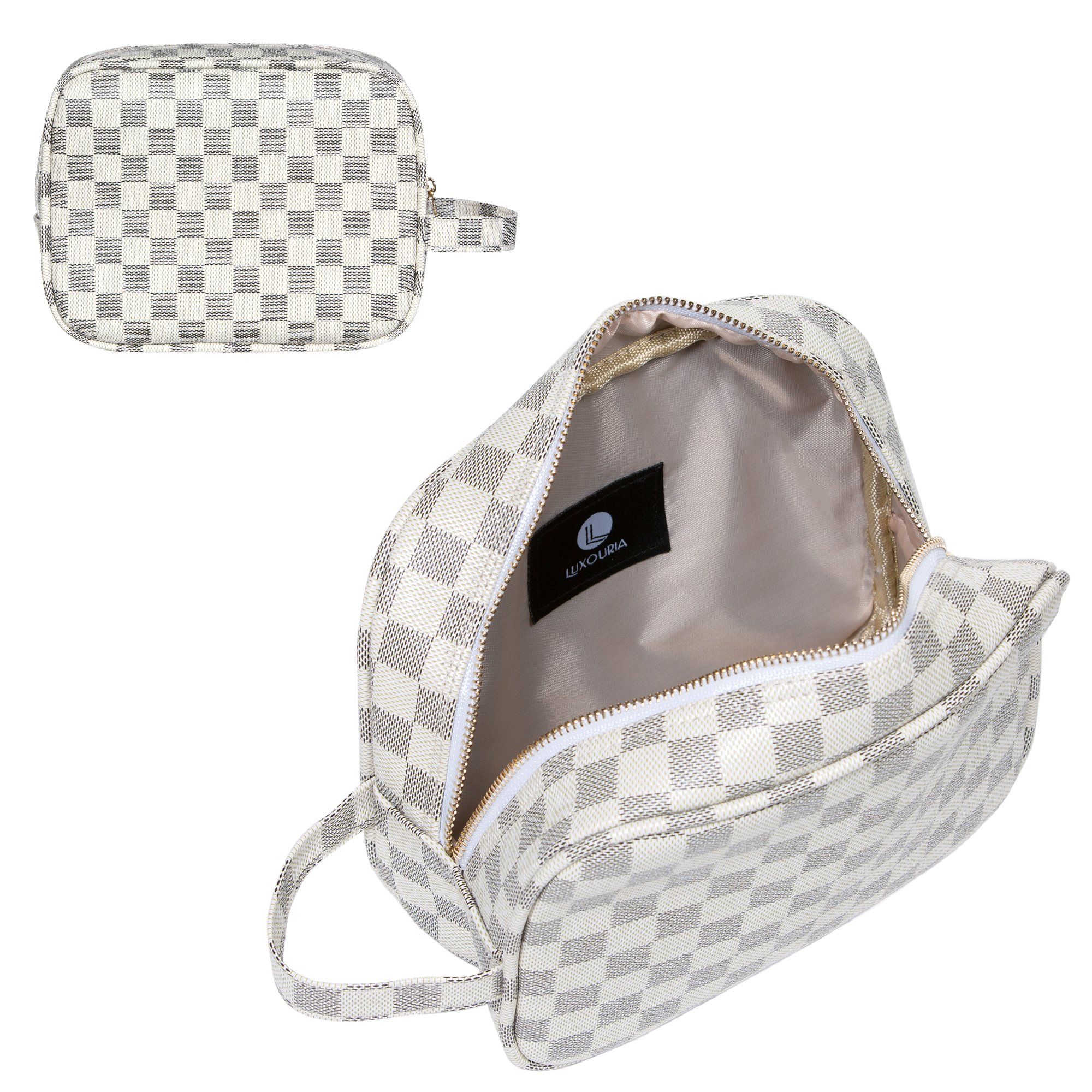 Luxouria Checkered Makeup Bag for Women - Luxury Travel Cosmetic Bags - Leather Toiletry Pouch | Walmart (US)