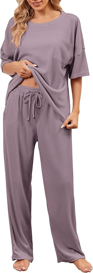 JiniGolla Womens Pajama Sets Waffle Knit Short Sleeve Shirt with Long Pajama Pants Soft Sleepwear... | Amazon (US)