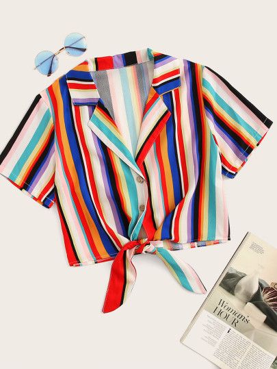 Rainbow Stripe Button & Tie Front Blouse | SHEIN