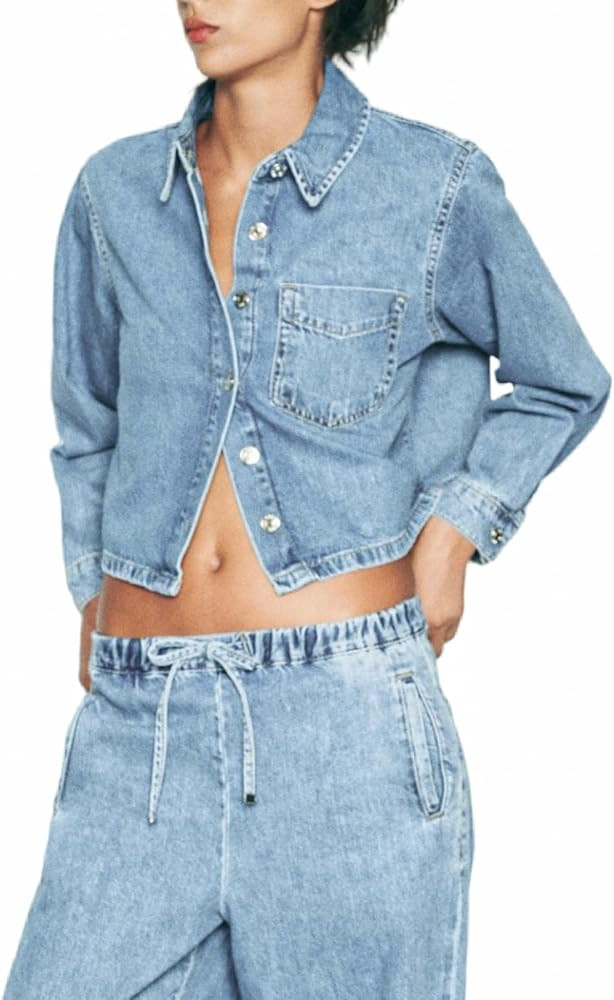 Women Crop Denim Jacket Shacket Long Sleeve Jean Shirt Lapel Collar Denim Shirt Blouse | Amazon (US)