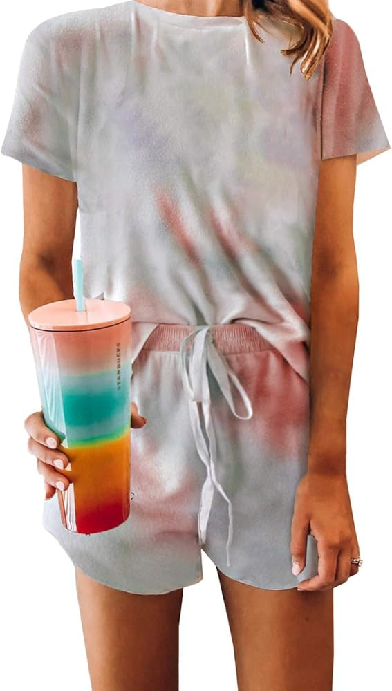 Womens Tie Dye Printed Ruffle Short Lounge Set Long Sleeve Tops and Shorts 2 Piece Pajamas Set Sl... | Amazon (US)