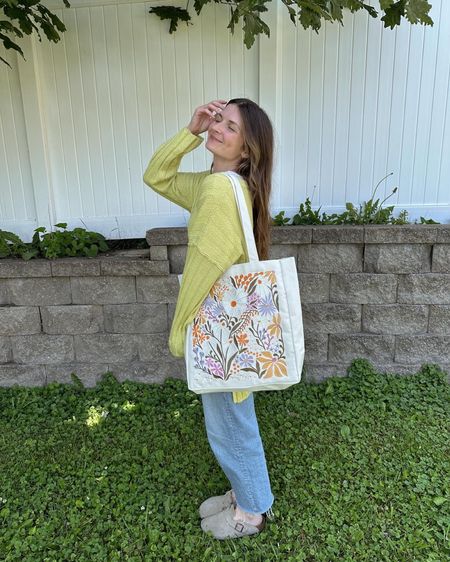 wearing a small in sweater, lightweight and love this color 
wearing a small in white tee and jeans are tts 
Tote bag is from a local bookstore, brand is Lady Jane

Spring outfit, mom outfit 

#LTKSeasonal