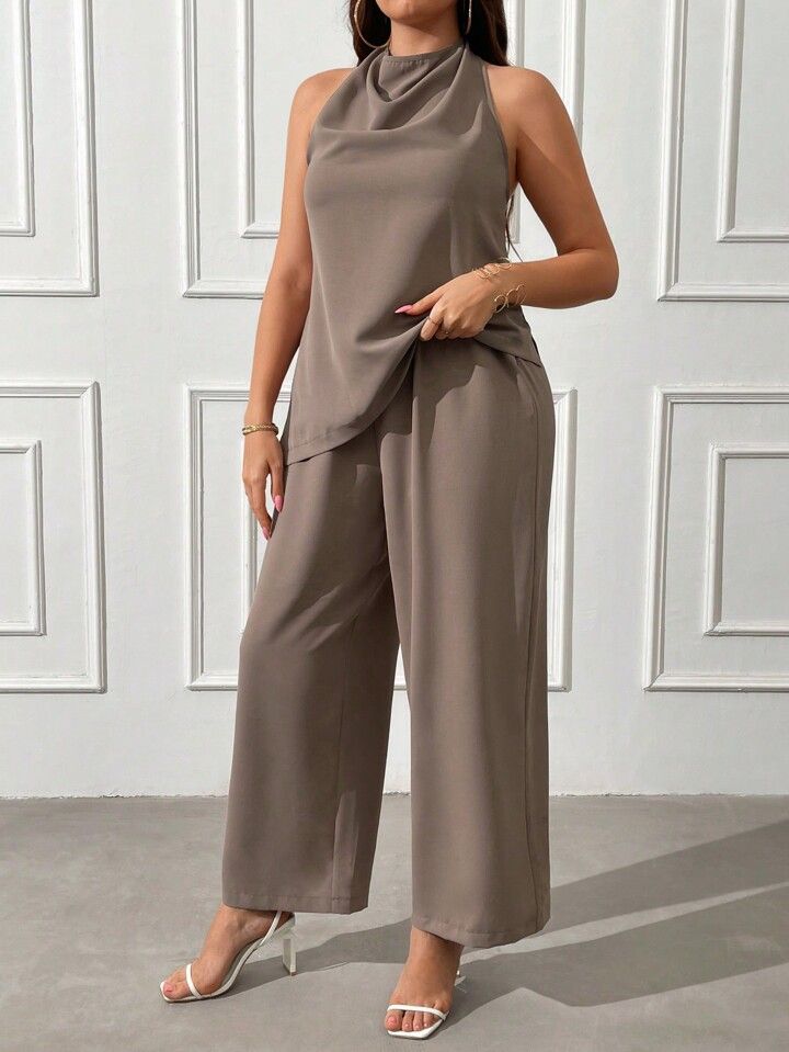 SHEIN Privé Plus Size Women's Fashionable Solid Color V-Neck Top And Long Pants Suit | SHEIN