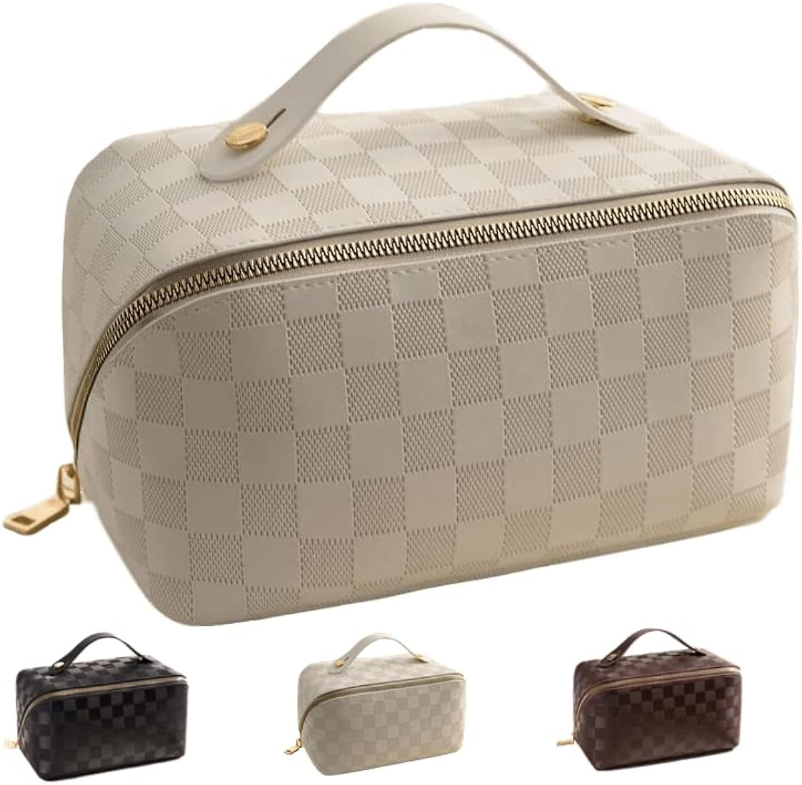 Weston Ink Large Capacity Travel Cosmetic Bag - PU Leather Waterproof Plaid Checkered Makeup Bag ... | Amazon (US)