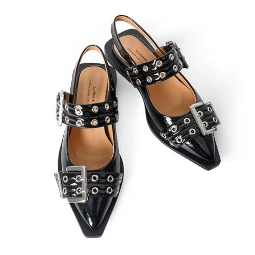 Black Slingback Flats for Women, Buckle Ballet Flats with Close Toe Pointed Toe Block Heel Dress Flat Shoes 8.5 | Amazon (US)