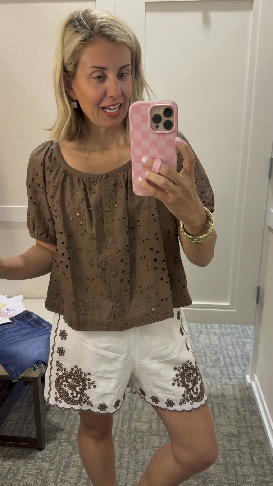 Well hello details… yall this looks and feels high end designer, but the price is just right!

Tip: I grabbed a nude tank to wear under the eyelet top so it just blended vs standing out (like a white would). You could also do chocolate under.

Top & skirt- top s, skirt 0
Cream top- 0
Green dress- s
Brown dress- s (need xs)
Top and shorts- xs blouse, s tank (need xs), 2 shorts (need 0)
Check set- s top, s skirt 
Tee & shorts- xs tee (need s), 26 shorts
Block print dress- xs

#LTKdayinmylife #LTKTravel #LTKSaleAlert