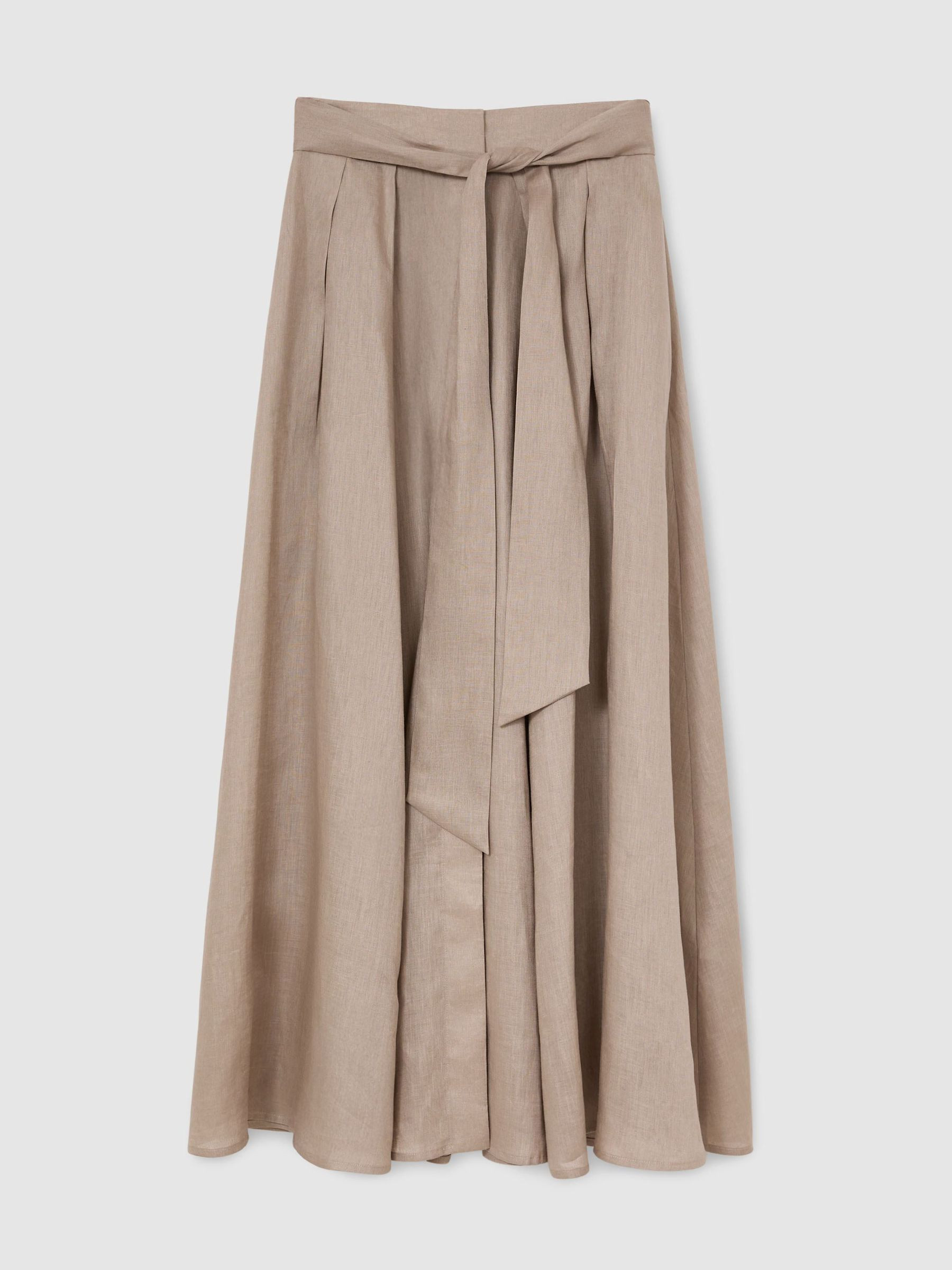 Reiss Linen Belted Pleated Maxi Skirt in Taupe Brown | REISS | Reiss US