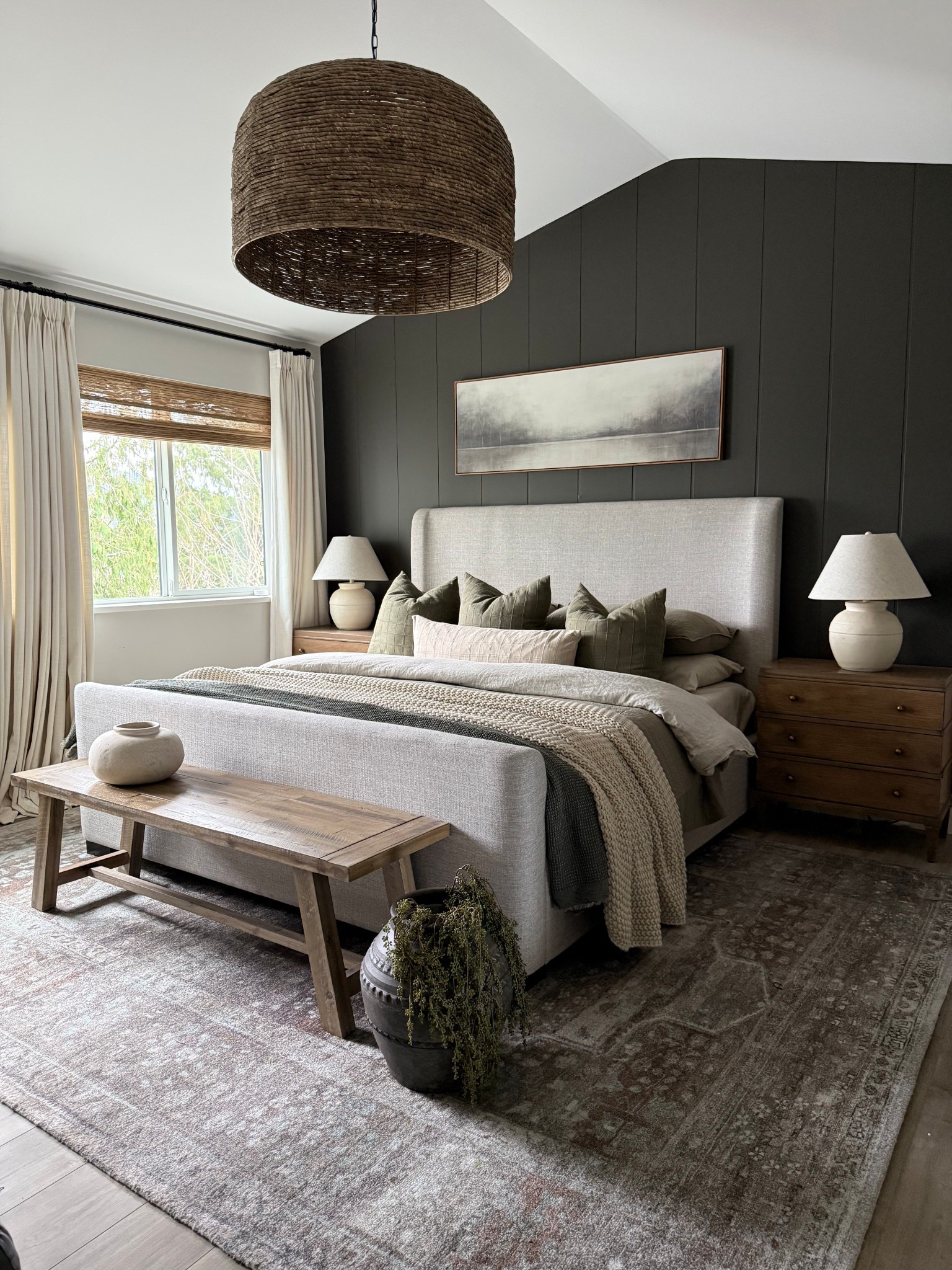 Primary bedroom…moody, warm and inviting.
Dark wall is SW clove 