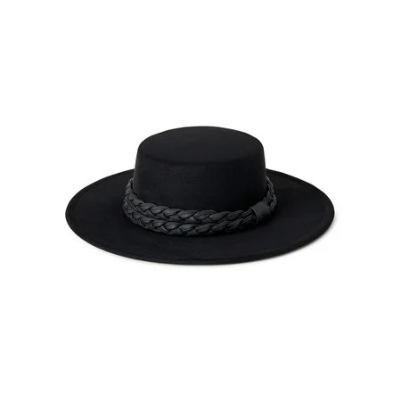 Time and Tru Adult Women s Black Boater Hat with Braided Trim | Walmart (US)