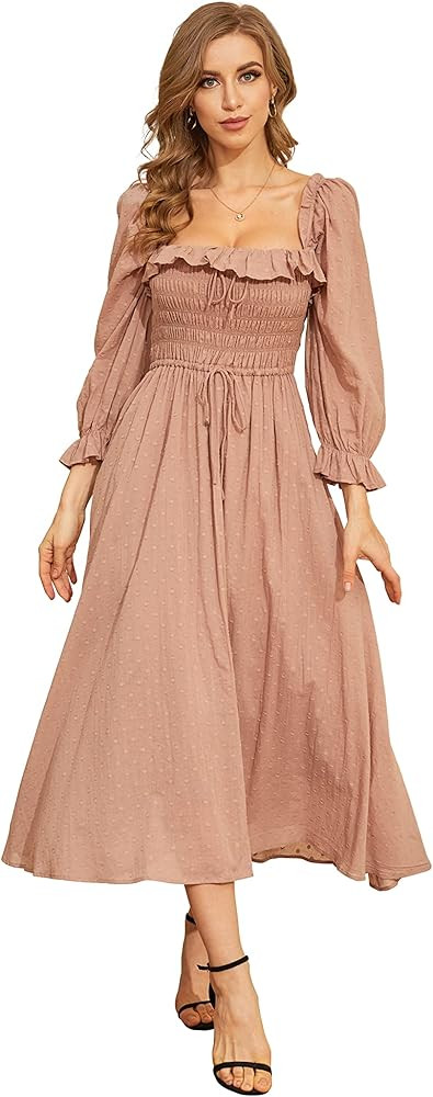 R.YIposha Women Vintage Elastic Square Neck Ruffled Half Sleeve Summer Backless Beach Flowy Maxi ... | Amazon (US)