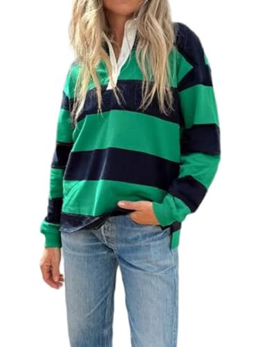 Women Striped Rugby Polo Shirt Y2k Oversized Lapel Collared Pullover Tops Loose Fit Button Up Long Sleeve Shirts (g Navy Blue, M) | Amazon (US)