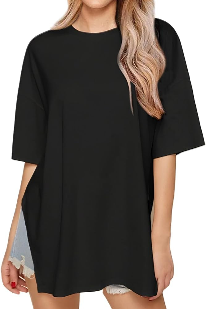 Remidoo Womens Oversized Tee Side Split Short Sleeve T Shirt Solid Crew Neck Loose Top | Amazon (US)
