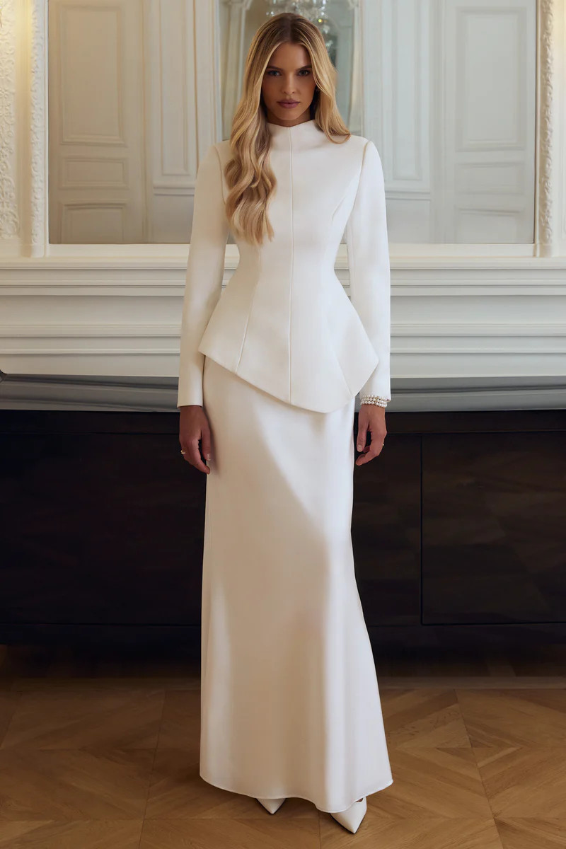 Pepita | Cream High-Neck Tailored Maxi Dress With Drop-Waist And Satin Skirt | Club L London