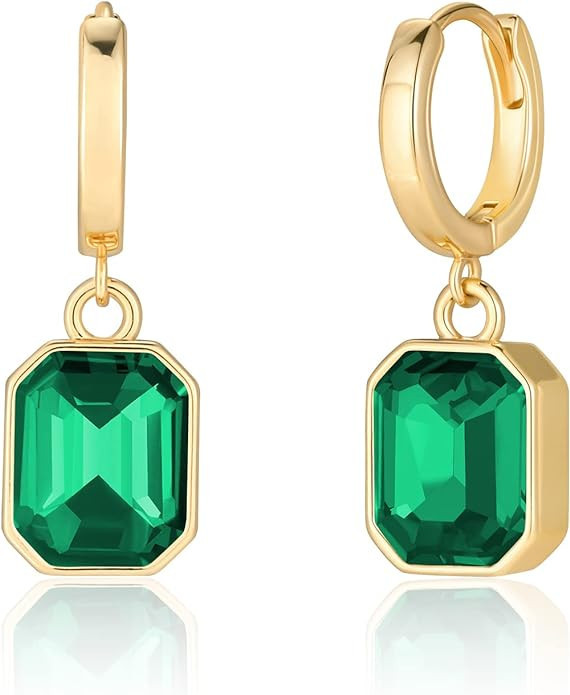 Birthstone Crystal Dangle Drop Earrings, 18K Gold Plated Huggie Hoop Hypoallergenic Earring Jewel... | Amazon (US)