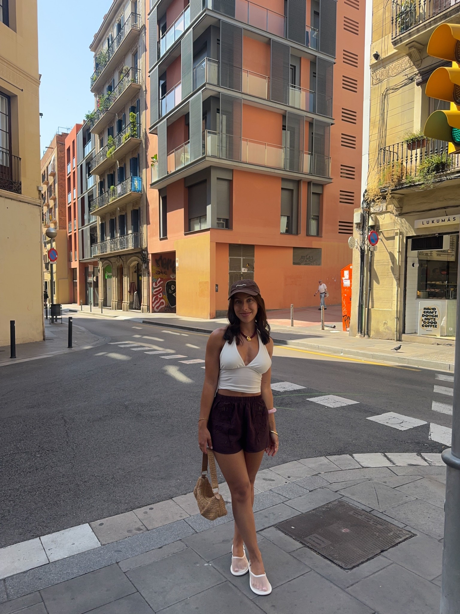 Holiday outfit, holiday style, petite, ootd, linen shorts, embroidered shorts, halter neck top, white top, brown hat, cap, Pinterest looks, wardrobe, essentials, mesh shoes, ballet pumps, topshop, BERSHKA, asos, H&M, straw bag, statement jewellery, resin bangles, gold bangles, missoma, 

#LTKsummer #LTKuk #LTKeurope