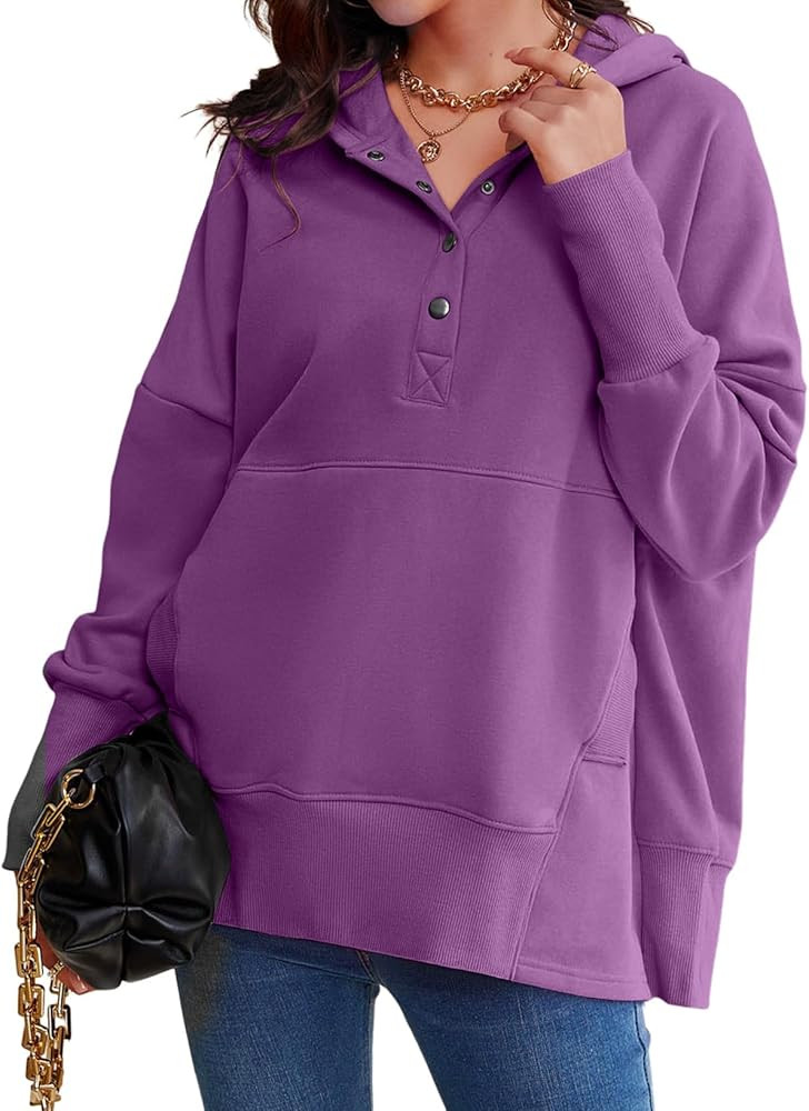 AlvaQ Womens Oversized Sweatshirts Hoodies Fleece Button Neck Hooded Tops Casual Pullover Tunics ... | Amazon (US)