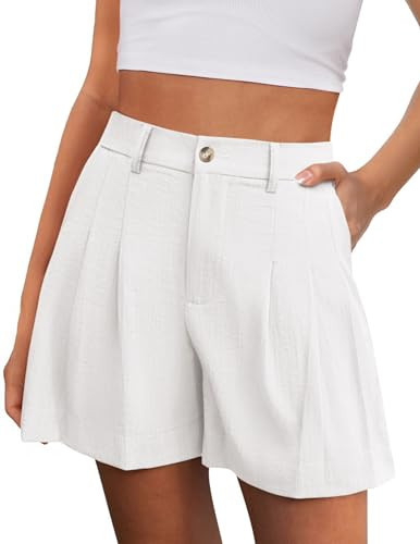 PRETTYGARDEN Womens Shorts Casual 2026 Summer Elastic High Waist Zipper Button Tailored Shorts Pleated Beach Vacation Clothes (White,Large) | Amazon (US)