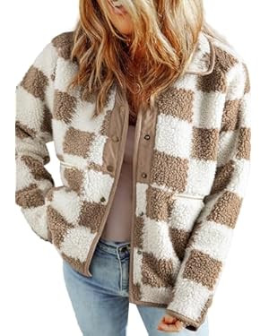 SHEWIN Jackets For Women Causal Sherpa Fall Jacket Loose Button Down Plaid Winter Coats | Amazon (US)
