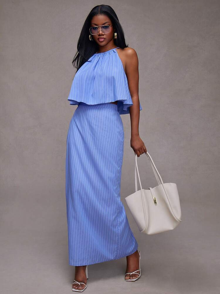 NYA SZN Matching Set Top And Skirt Sleeveless Halter Neck Maxi Length Striped Office Siren Satin ... | SHEIN