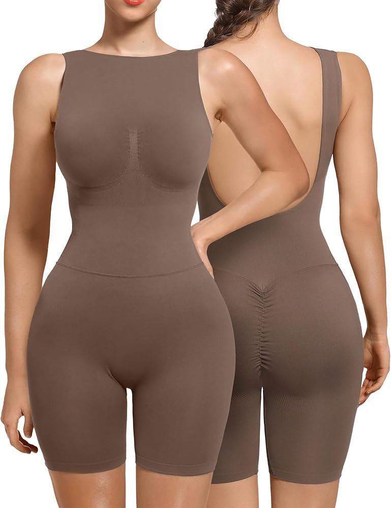 SHAPERX Mid Thigh Jumpsuits for Women Low Back Onesie Seamless Rompers Stretchy Bodycon Outfits | Amazon (US)
