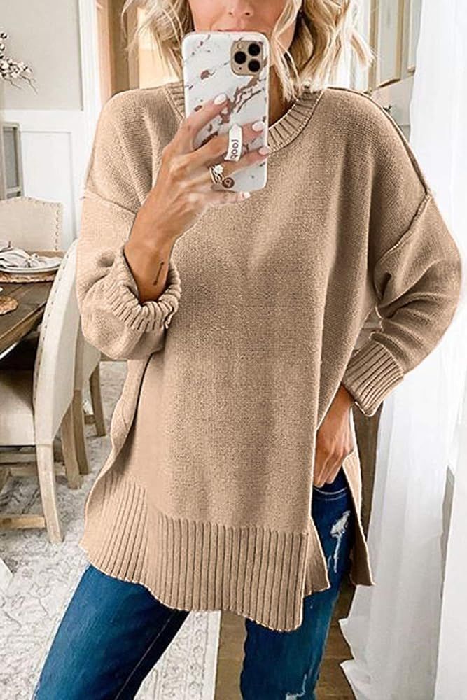 MEROKEETY Women's Casual Crew Neck Side Split Pullover Sweater Loose Long Sleeve Jumper Top | Amazon (US)