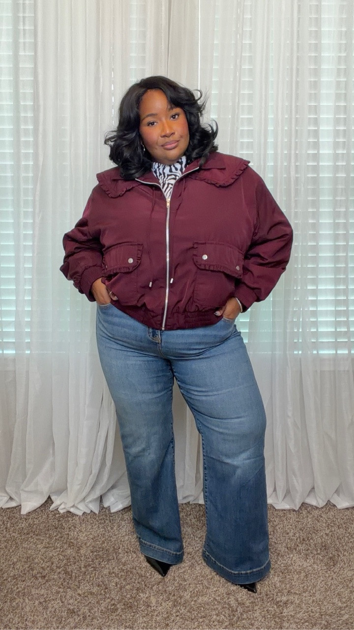 Walmart bomber jacket with a cute ruffle detail! This maroon color is always that girl in the fall!

#LTKootd #LTKPlusSize #LTKgrwm
