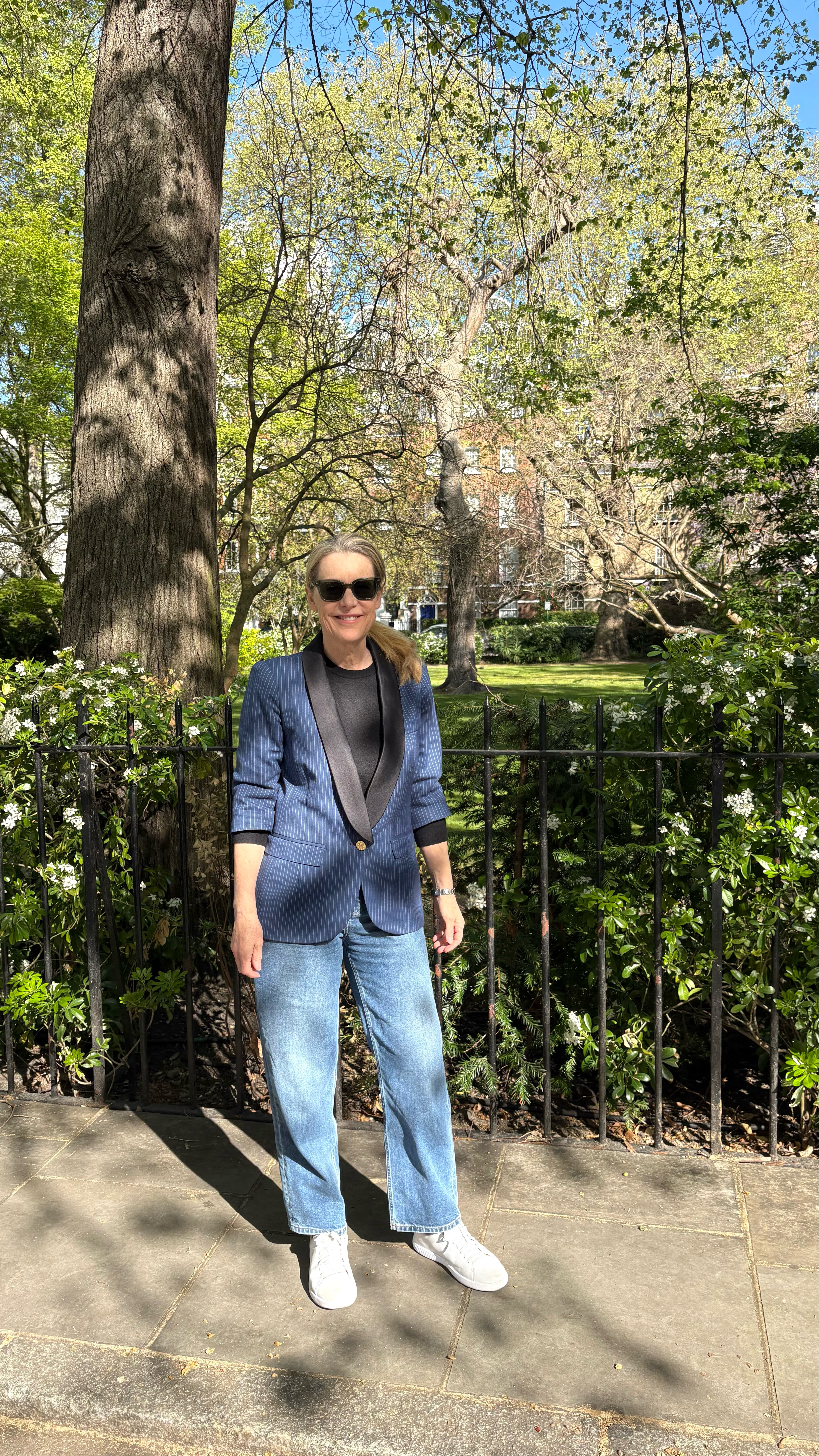 Travel Outfit
🇬🇧 London 
Even with great weather on my spring trip to the UK, I needed layers. Here, I wore a black cashmere sweater with a favorite blazer on top. I love this pub-striped beauty by Smythe. It’s many years old so I am linking similar options but a couple of favorite brands. 

White sneakers were in order for a day of walking — we went 18,000 steps! And I had a light packable raincoat in my tote bag, just in case.   

#LTKTravel #LTKStyleTip #LTKOver40