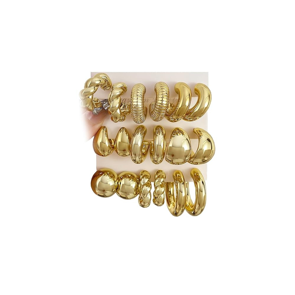 IFKM 24 Pairs Gold Hoop Earrings Set for Women Hypoallergenic Chunky Chain Twisted Open Hoops Dan... | Amazon (US)
