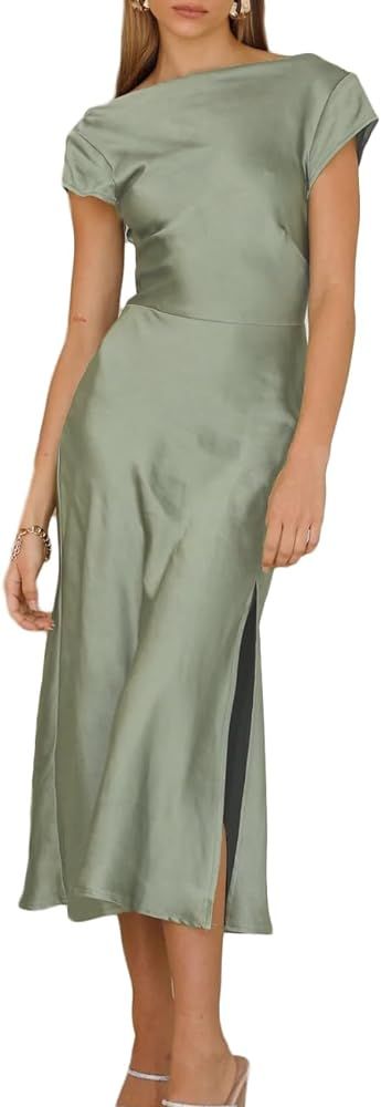 Women's Summer Satin Elegance Backless Twist Cap Sleeves Midi Dress 2023 Sexy Cowl Neck Slit Cock... | Amazon (US)