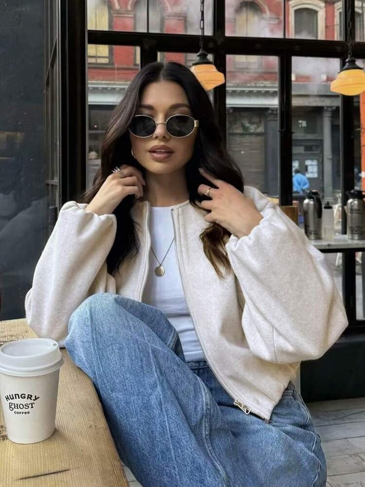 GMFP Women's Spring/Summer Casual Elegant Fashion Loose Soft Solid Color Zip-Up Casual Long Sleeve Jacket With Pockets, Beige Bomber Jacket, Suitable For Music Festivals/Wedding Season | SHEIN