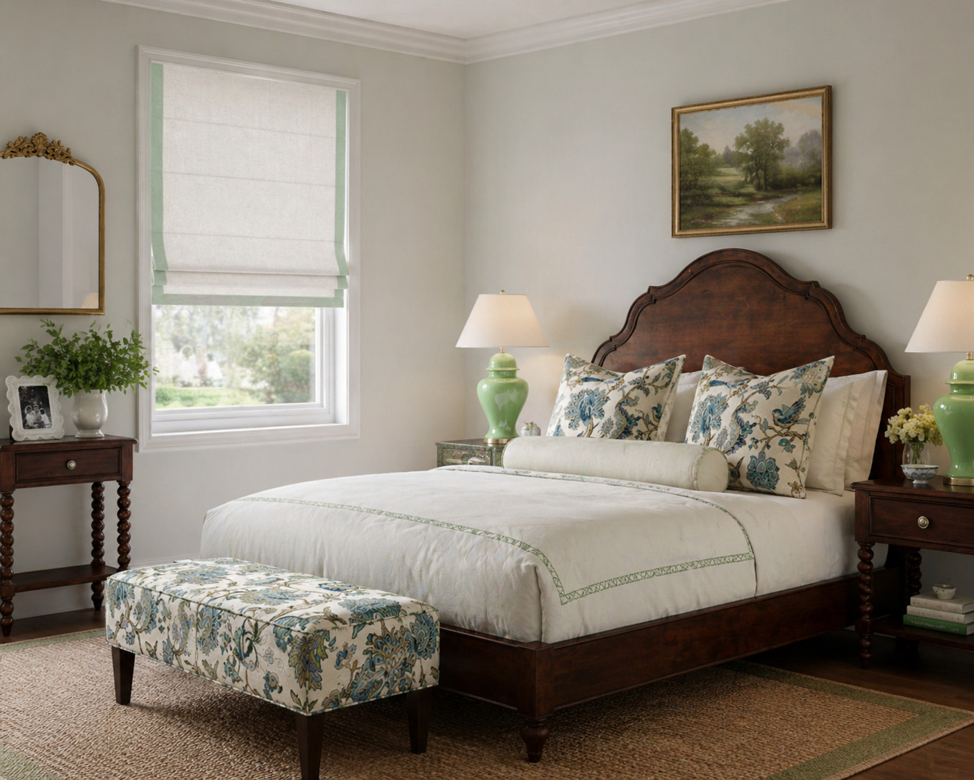 bedroom decor, bedroom inspo, bed styling, traditional bedroom, classic bedroom style, preppy home decor, coastal grandma style, southern style home, clean girl aesthetic, chic bedroom decor, feminine home decor, light and airy bedroom, neutral bedroom, blue and green decor, chinoiserie decor, grandmillennial style, timeless home decor, layered bedding, neutral bedding, white bedding, throw pillows, patterned pillows, floral pillows, bolster pillow, upholstered bench, end of bed bench, bedside styling, nightstand decor, table lamp decor, green lamp, statement mirror, wall mirror decor, framed art, landscape art, roman shades, window treatments, wood bed frame, wood nightstand, jute rug, woven rug, natural textures, home styling ideas, target home, amazon finds, ballard designs, wayfair home, pottery barn style, affordable home decor, LTK home 

 

#LTKOver40 #LTKHome #LTKSaleAlert