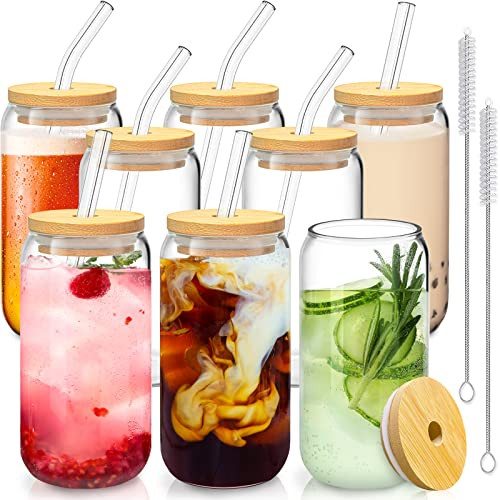 SENTVEND 16 Oz Drinking Glasses with Bamboo Lids and Glass Straw - 8 Pcs Glass Cups Beer Ice Coffee Glasses Cute Aesthetic Cup Great for Coffee Bar Accessories Include 2 Cleaning Brushes | Amazon (US)