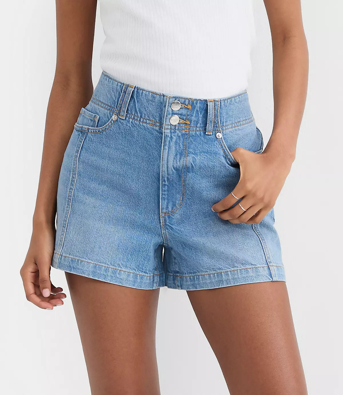 Rivete Seamed High Rise Denim Shorts in Mid Wash | LOFT