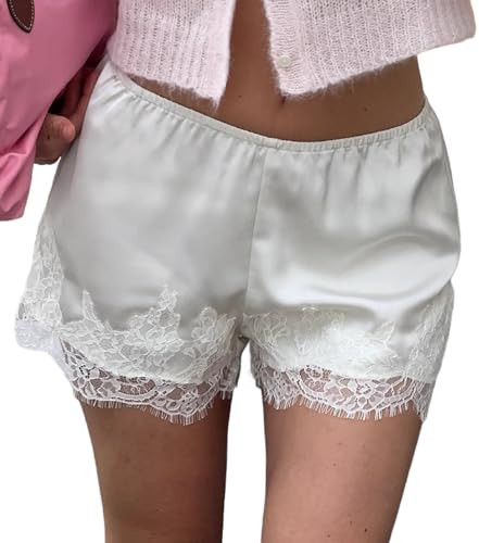 Seyumixi Women Satin Lace Shorts Silk Slip Mini Shorts Low Rise Coquette Elastic Waist Lace Trim Pettipants Lounge Bottoms(Basic White,L) | Amazon (US)