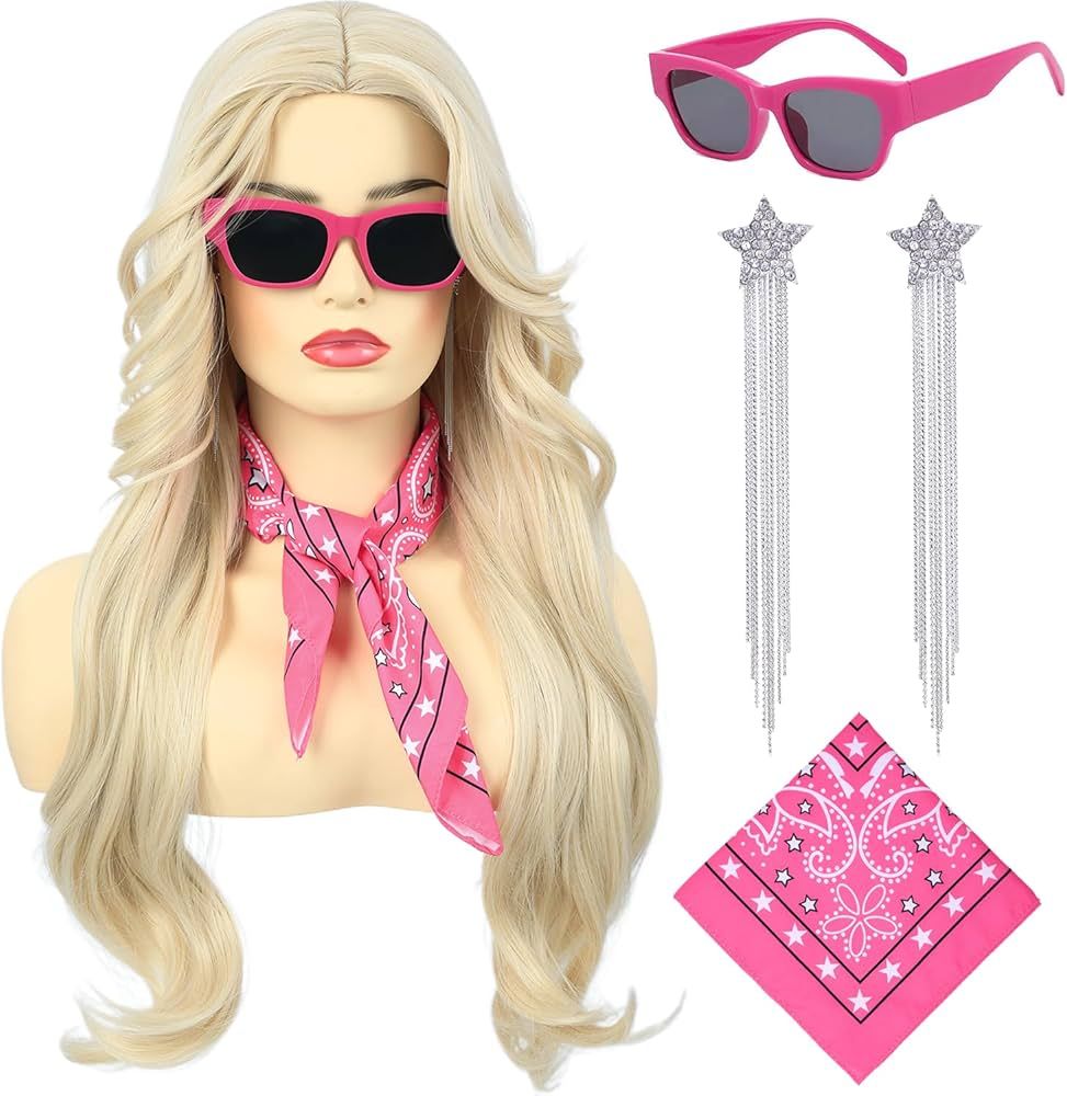 Bettecos Long Blonde Cosplay Wig for Women with Bandana Sunglasses and Earrings Middle Part Blond... | Amazon (US)