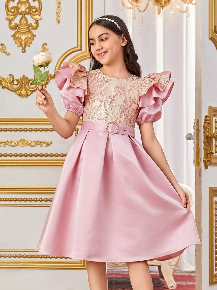 SHEIN Tween Girls' Vintage Palace Style Round Neck Flying Sleeve Jacquard Patchwork Midi Dress | SHEIN