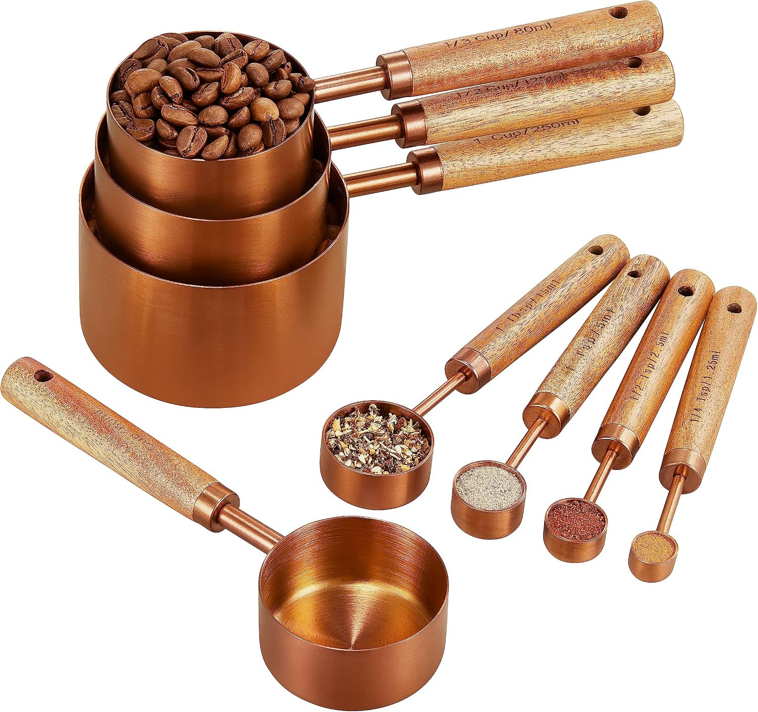 Copper Stainless Steel Measuring Cups and Spoons Set of 8, Wooden Handle with US Measurements, Metric Cups and Spoons for cooking and baking | Amazon (US)