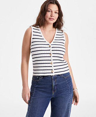 On 34th Women's Striped Pointelle Button-Front V-Neck Vest, Exclusively at Macy's - Macy's | Macy's