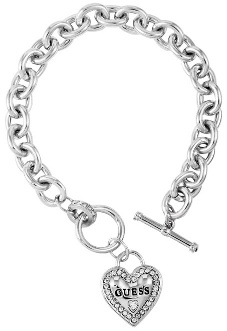 GUESS Silver-Tone Pavé Logo Heart Link Bracelet - Macy's | Macy's