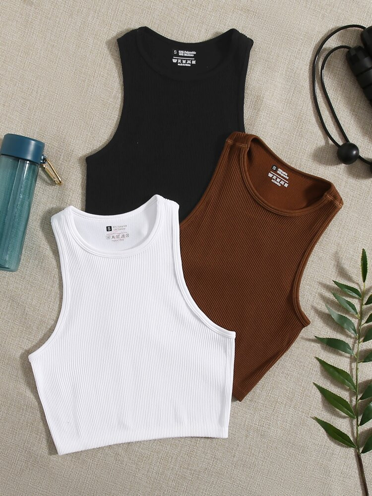 3pcs Rib-knit Sports Tank Top | SHEIN