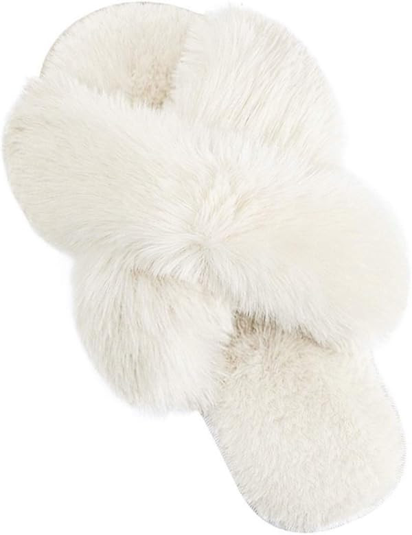 Women's Cross Band Soft Plush Fleece Cozy Open Toe House Shoes Indoor Outdoor Warm Comfy Slippers | Amazon (US)