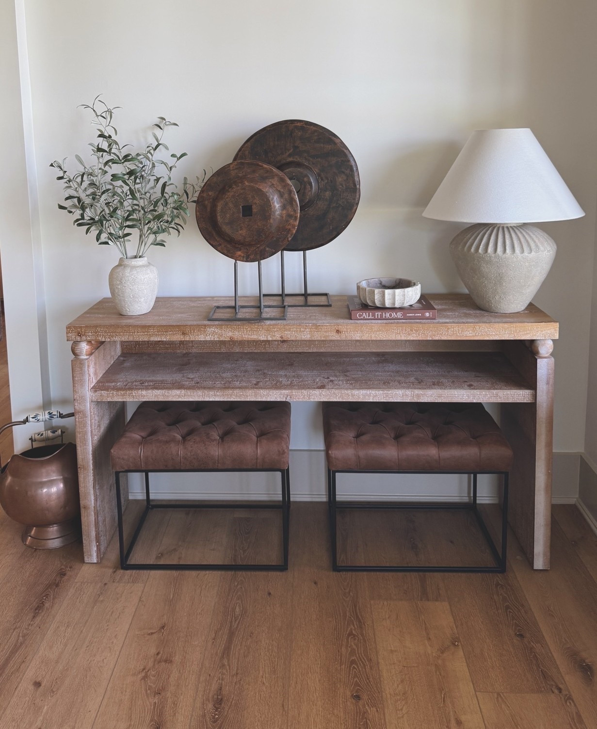 Entryway console table styling - Kirklands console table - target - studio McGee - threshold - faux florals - wooden wheel - modern organic home - faux leather stool - antique copper - vintage - marble catchall - marble bowl - amber Lewis - call it home - shelf styling - interior design - home design - lamp - olive leaf arrangement - faux florals - 
@Kirkland's @Target

#LTKHome #LTKvlog #LTKSaleAlert