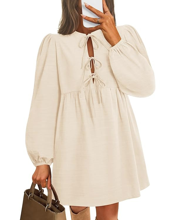 ZESICA Women's Dress Fall Long Puff Sleeve Self Tie Front Babydoll A Line Pleated Cute Mini Tunic... | Amazon (US)