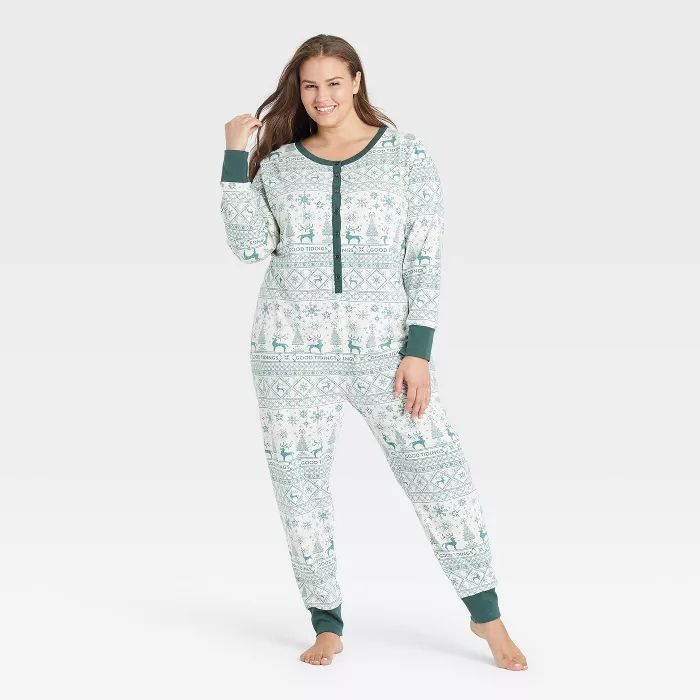 Women's Reindeer Good Tidings Union Suit Green/Cream - Hearth & Hand™ with Magnolia | Target