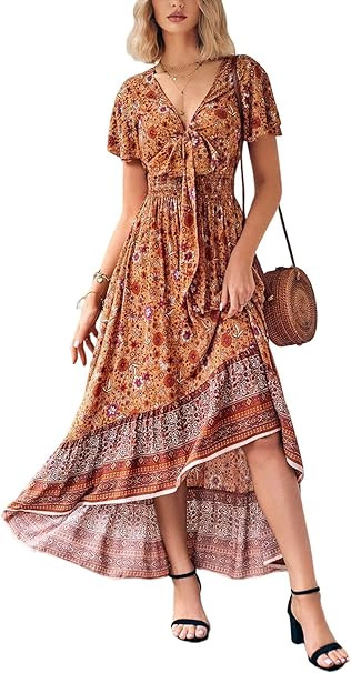 PRETTYGARDEN Women's Bohemian Floral Printed Deep V Neck Summer Dresses Tie Short Sleeve High Low... | Amazon (US)