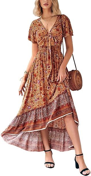 PRETTYGARDEN Women's Bohemian Floral Printed Deep V Neck Summer Dresses Tie Short Sleeve High Low... | Amazon (US)