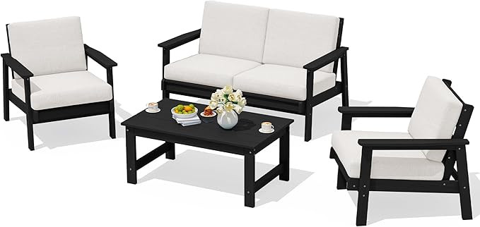 HDPE Outdoor Furniture Set, 4 Piece Outdoor Sofa Set, Black Frame with Khaki Cushions | Amazon (US)